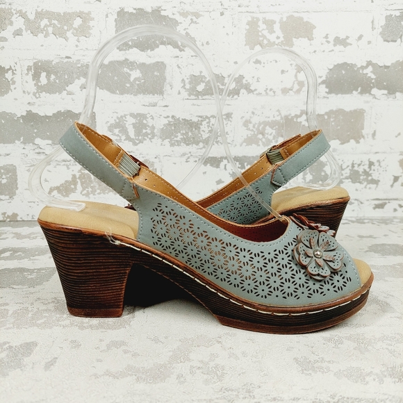 New Patrizia Spring Step Slingback Blue Floral Laser Cut Peep Toe Sandals i589 - Picture 3 of 15